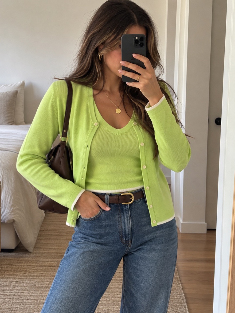 Tommy Hilfiger Lime Green Cotton Sweater Twinset Cardigan Tank Top Size M